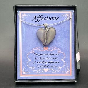 Affections Heart Necklace Silver Tone Rhinestone And Gray Acrylic Pendant Love